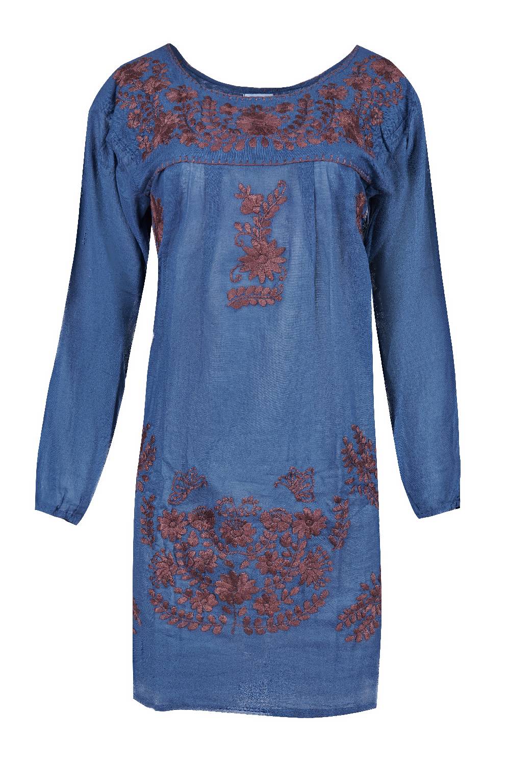 Louis & Louisa Tunika handbestickt, Damen, taubenblau / braun, langarm Fabrik Onlineshop