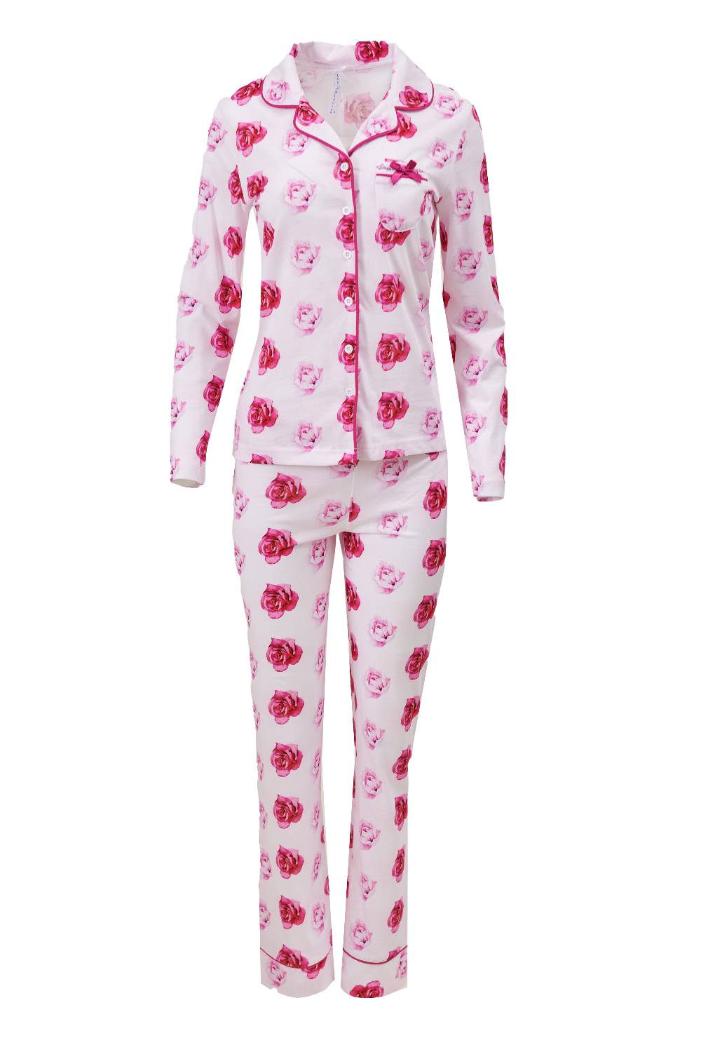 Louis & Louisa Pyjama Damen Knopfleiste "Rosarote Träume", weiß allover Rabatt