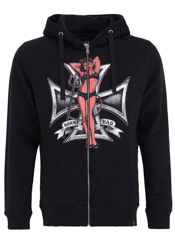 Queen Kerosin Kapuzensweatjacke mit Front Print «Born Bad» Versandkostenfrei