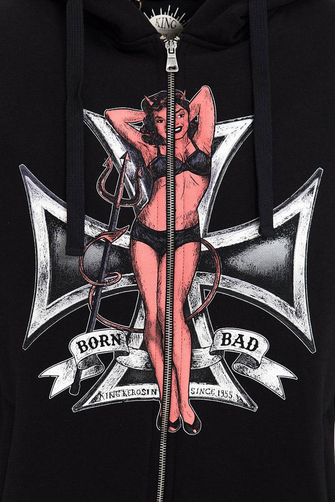 Queen Kerosin Kapuzensweatjacke mit Front Print «Born Bad» Versandkostenfrei
