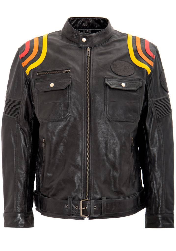 Queen Kerosin Lederjacke mit kontrastfarbigen Racer-Streifen Heißer Verkauf