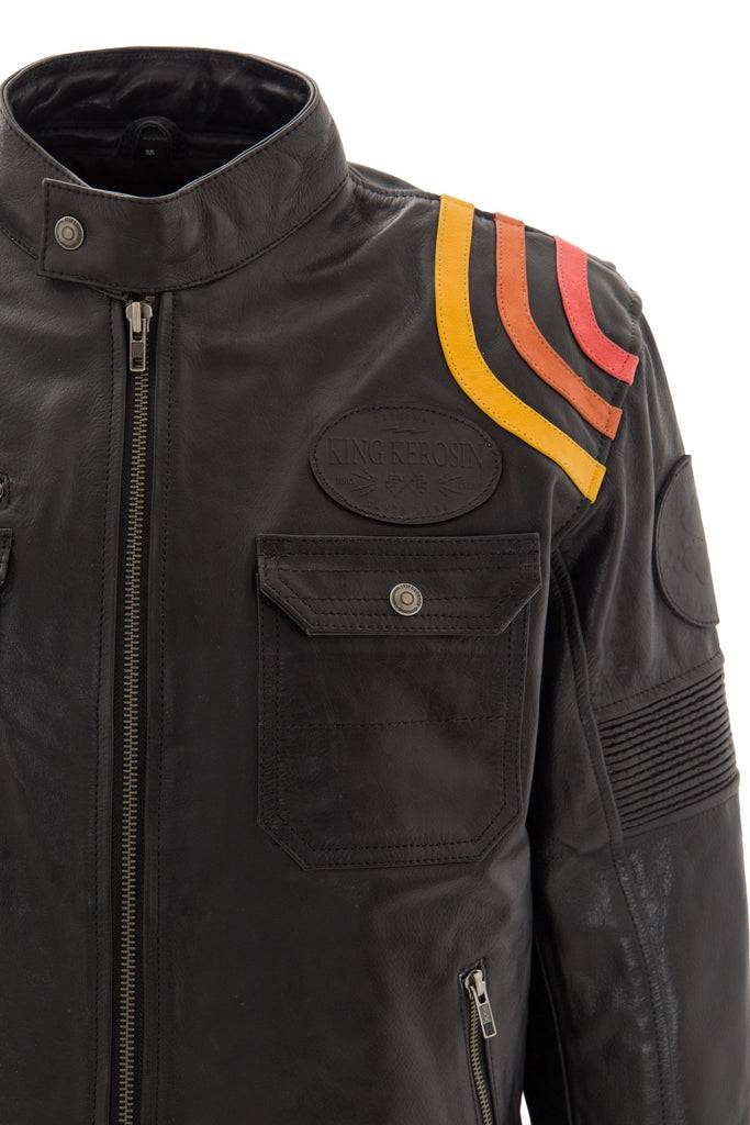 Queen Kerosin Lederjacke Print und Racer-Streifen «Cafe Racer» Neueste Mode