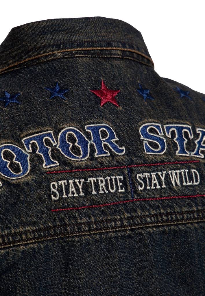 Queen Kerosin Denim Weste Stickerei «Motor State» Online Outlet