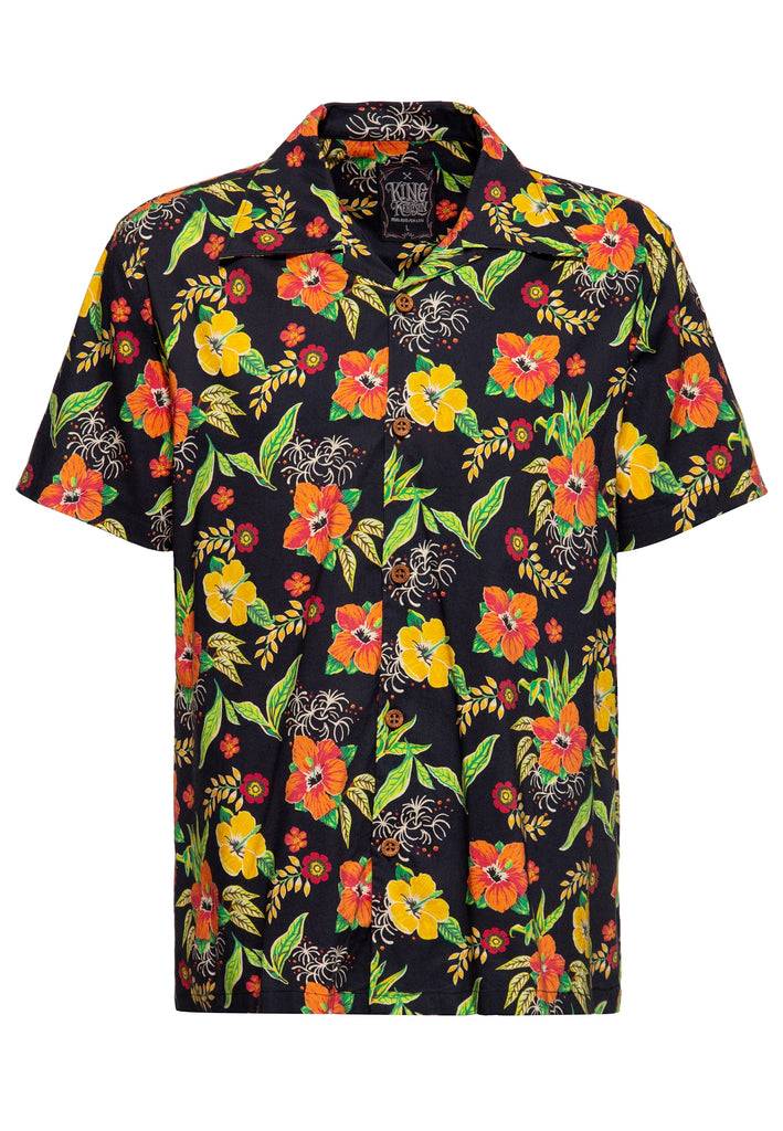 Queen Kerosin Hawaiihemd «Hibiscus Black»