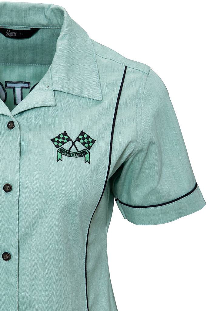 Queen Kerosin Kurzarm Reverskragen Bluse im Racing Design «Motor Queen» Letzte 3 Tage