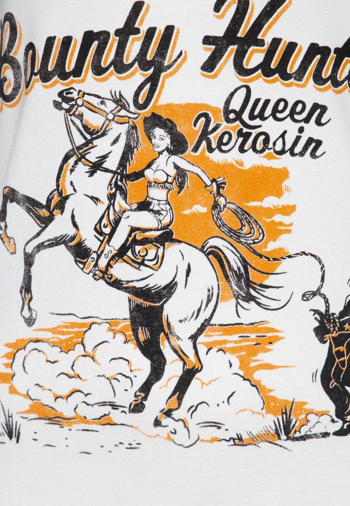 Queen Kerosin Slim Fit T-Shirt mit V-Ausschnitt und Western Print «Bounty hunter» Super Rabatt