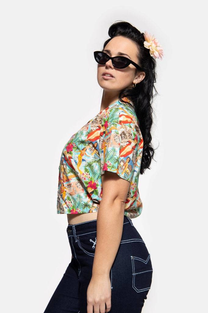 Queen Kerosin Cropped Oversize Bluse mit Allover-Print im 50s Style Verkauf