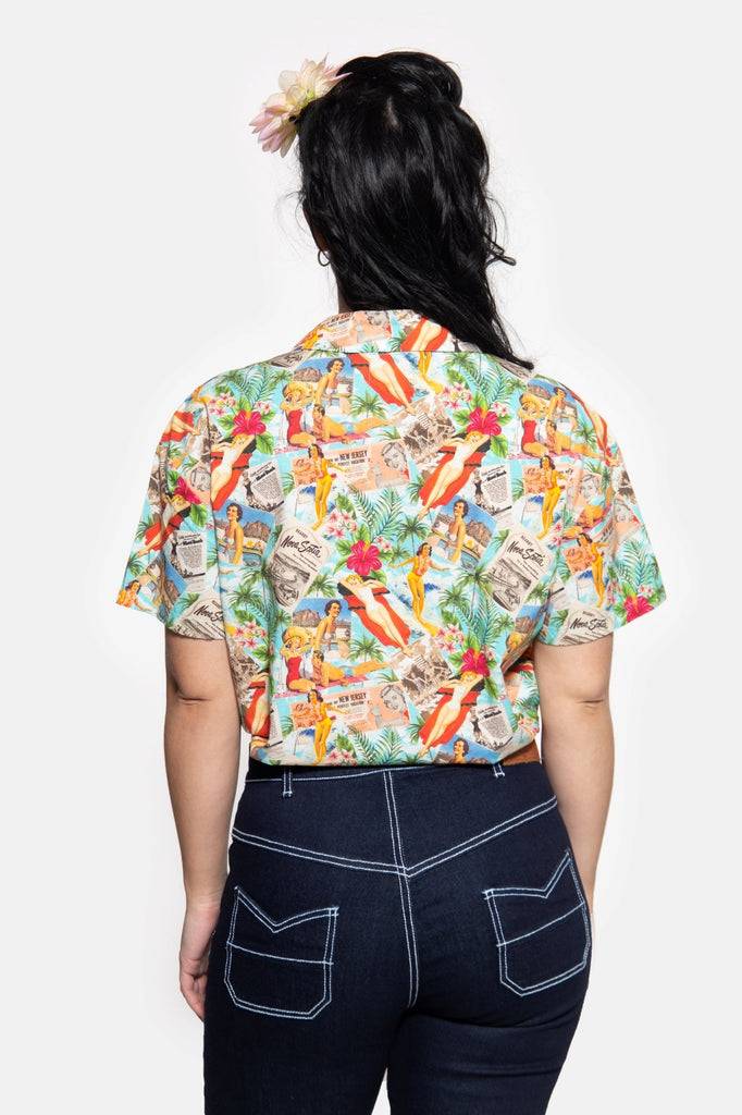 Queen Kerosin Cropped Oversize Bluse mit Allover-Print im 50s Style Verkauf