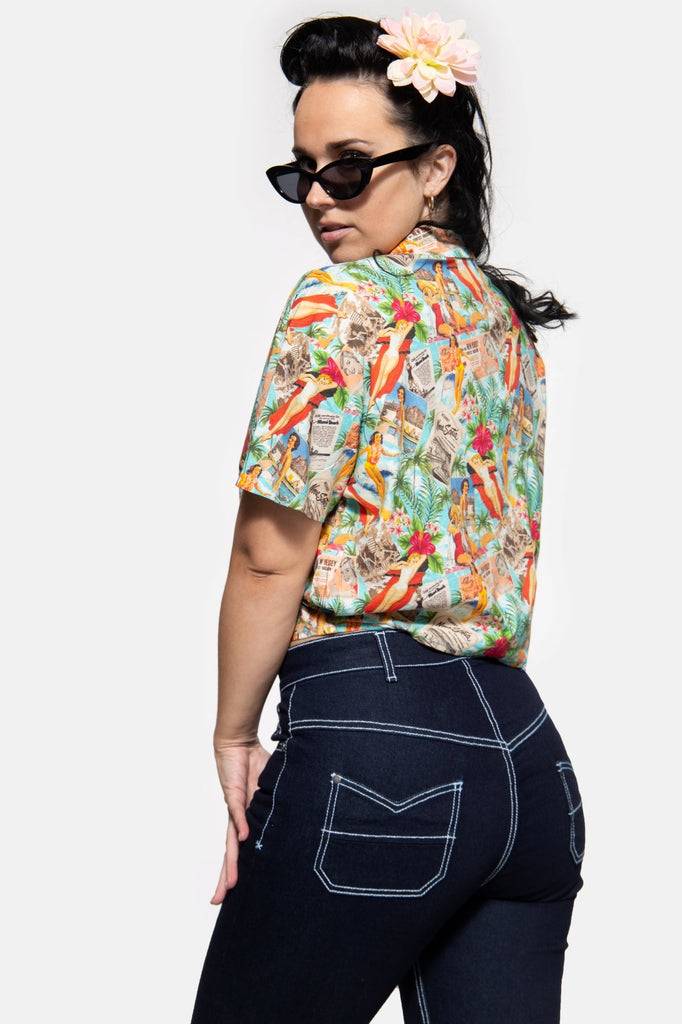 Queen Kerosin Cropped Oversize Bluse mit Allover-Print im 50s Style Verkauf