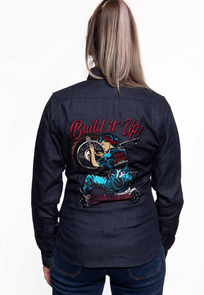 Queen Kerosin Denimhemd mit Stickerei «Build it up» Fabrikverkauf
