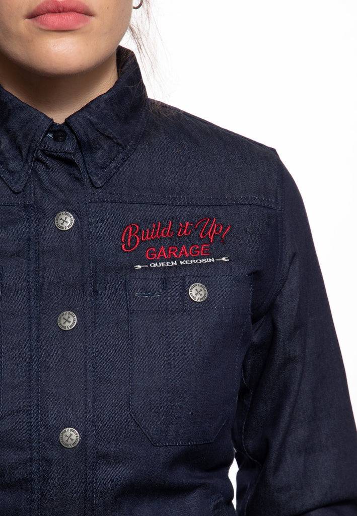 Queen Kerosin Denimhemd mit Stickerei «Build it up» Fabrikverkauf