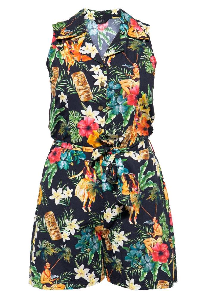 Queen Kerosin Vintage Jumpsuit mit tropischem All-Over-Muster Flash Sale