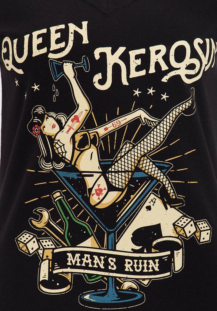 Queen Kerosin Kurzarm Shirt mit mehrfarbigem Retro-Print und Logo-Patch «Mans Ruin» Jubiläumsangebot