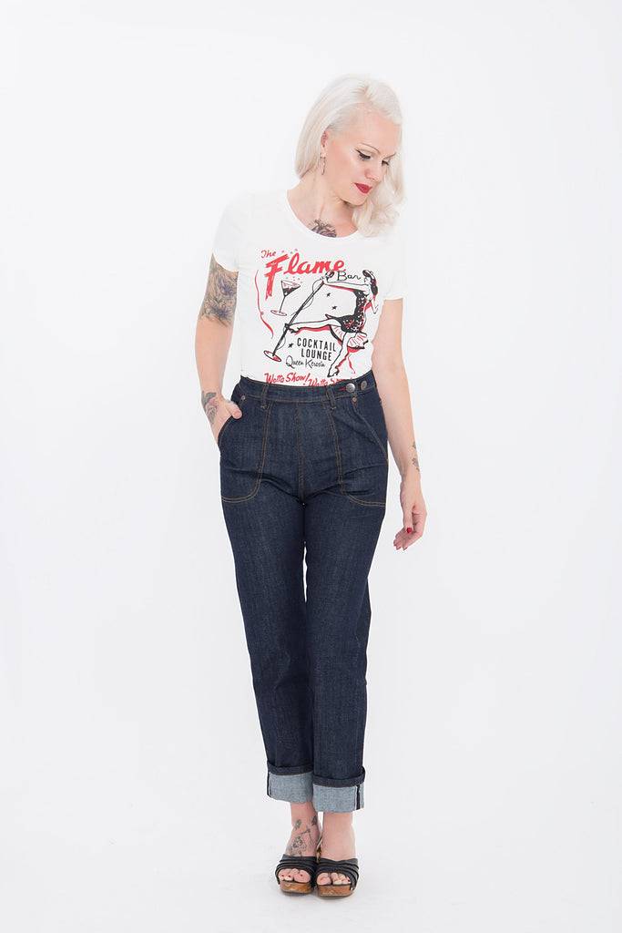 Queen Kerosin Kurzarm Shirt mit coolem Retro-Print «Flame Bar» Lagerräumung