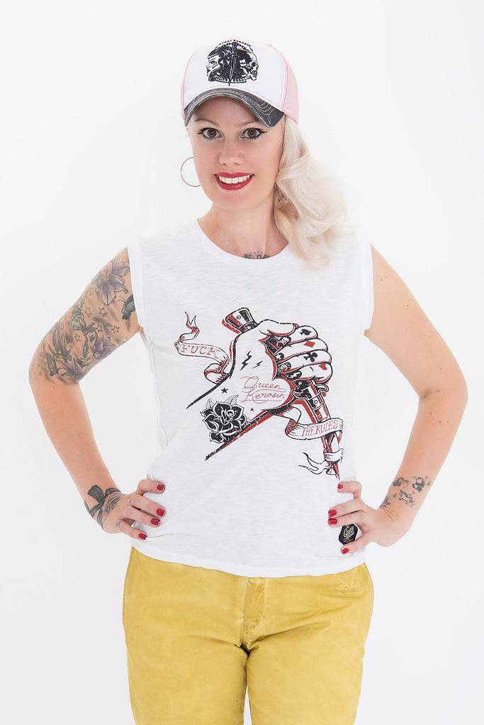 Queen Kerosin Tank Top mit rockigem Front Druck «Fuck The Rules» Heißer Verkauf