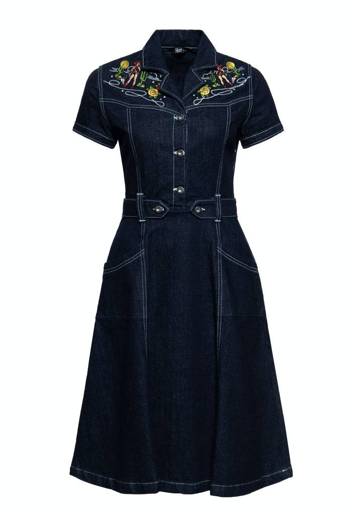 Queen Kerosin Swing Jeanskleid mit Stickereien