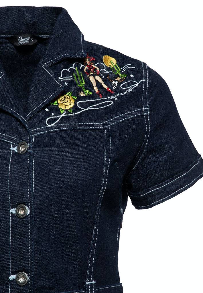 Queen Kerosin Swing Jeanskleid mit Stickereien Bis zu 55% Rabatt