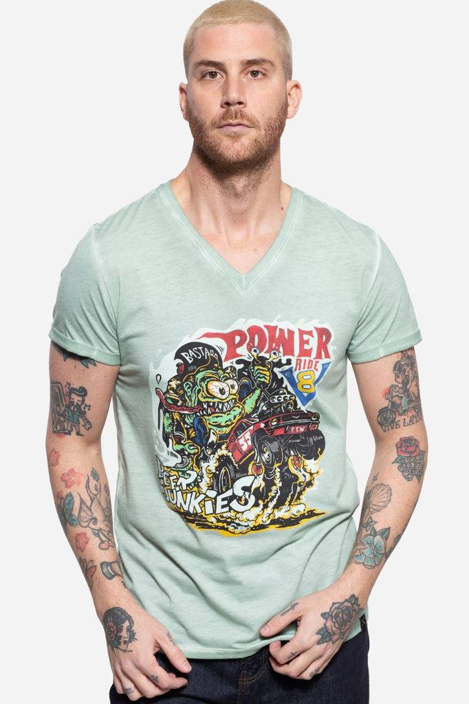 Queen Kerosin Roll-Up T-Shirt Oil Wash mit Monster-Print und V-Ausschnitt «V8 Monster» Clearance-Verkauf