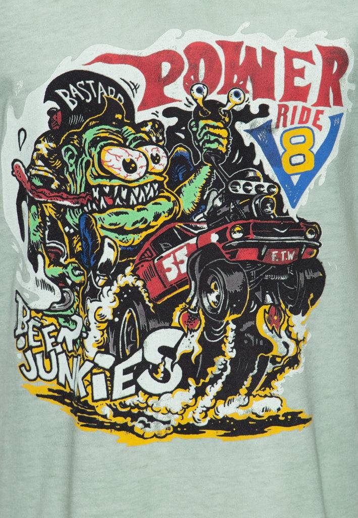 Queen Kerosin Roll-Up T-Shirt Oil Wash mit Monster-Print und V-Ausschnitt «V8 Monster» Clearance-Verkauf
