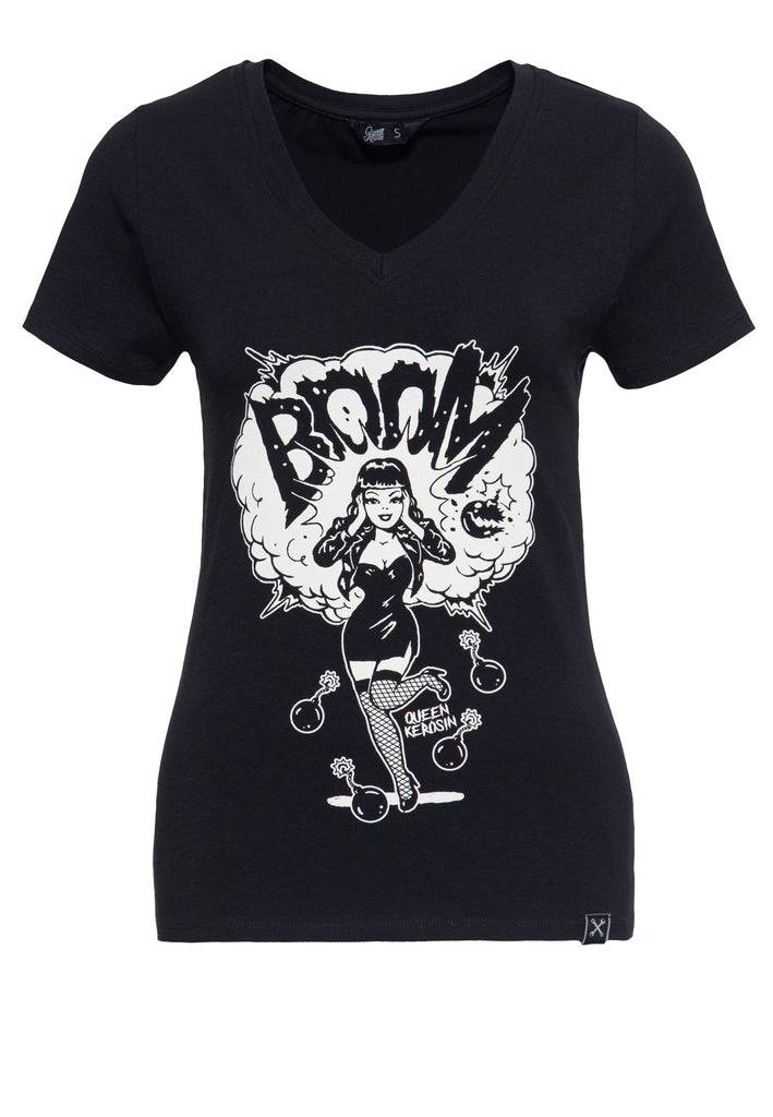 Queen Kerosin Printshirt mit V-Ausschnitt «Boom»