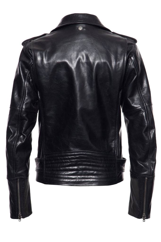 Queen Kerosin Lederjacke mit Bikerkragen und Gürtel am Saum Exklusivangebot