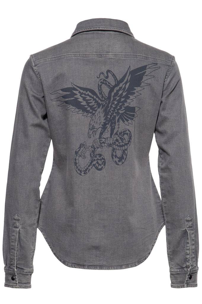 Queen Kerosin Denim-Bluse mit legerem Waschungseffekt und Backprint Cyber Monday