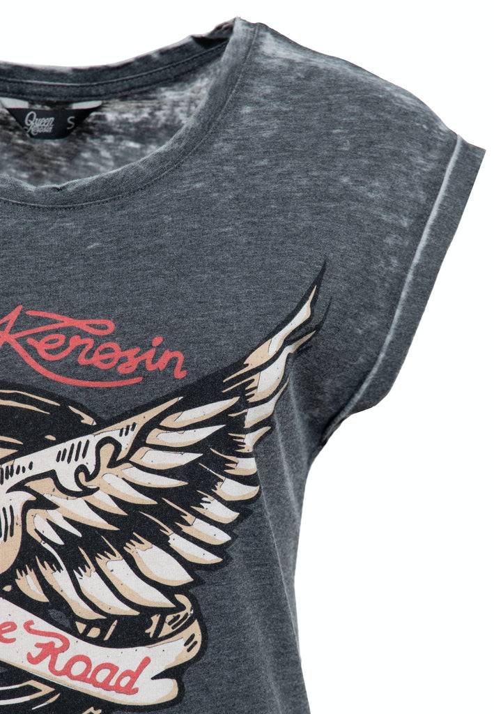 Queen Kerosin T-Shirt Enzyme Wash «Hit The Road Wheel» Exklusivangebot