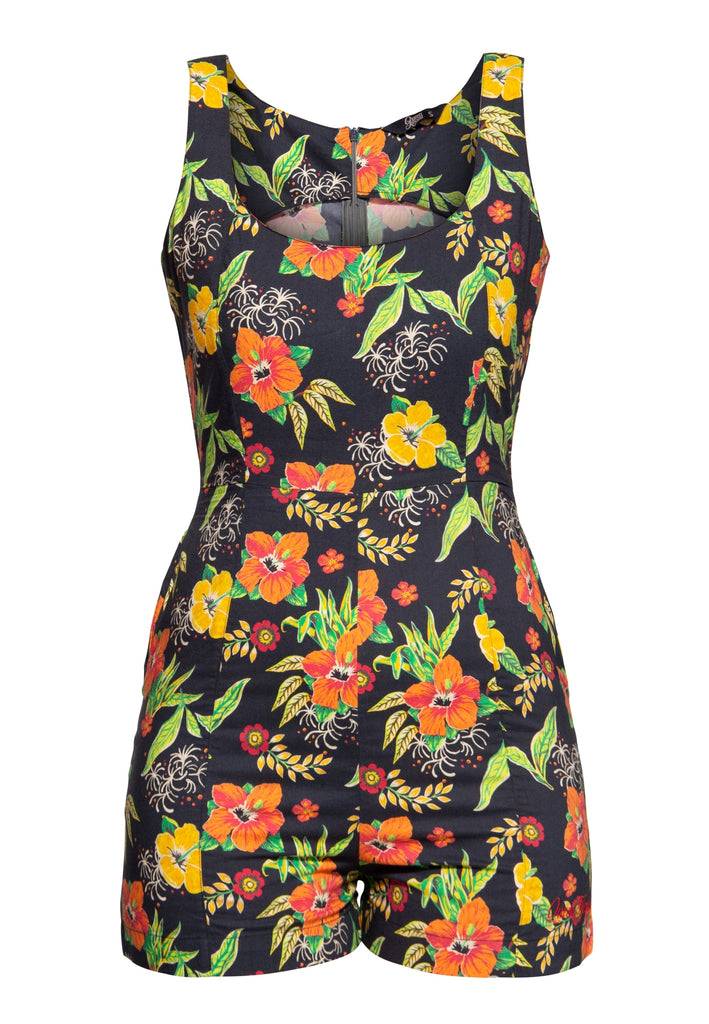 Queen Kerosin Jumpsuit «Hibiskus Black» Räumungsverkauf