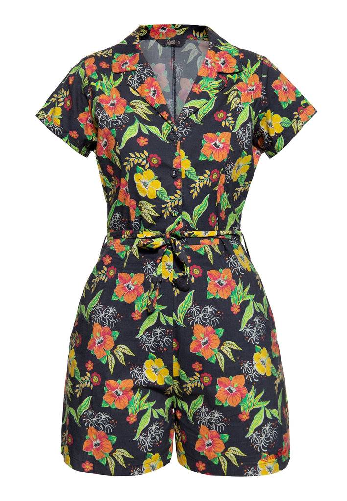 Queen Kerosin Blusen Jumpsuit «Hibiscus Black»