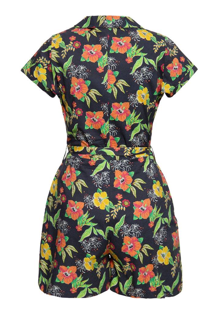 Queen Kerosin Blusen Jumpsuit «Hibiscus Black» Tägliche Deals