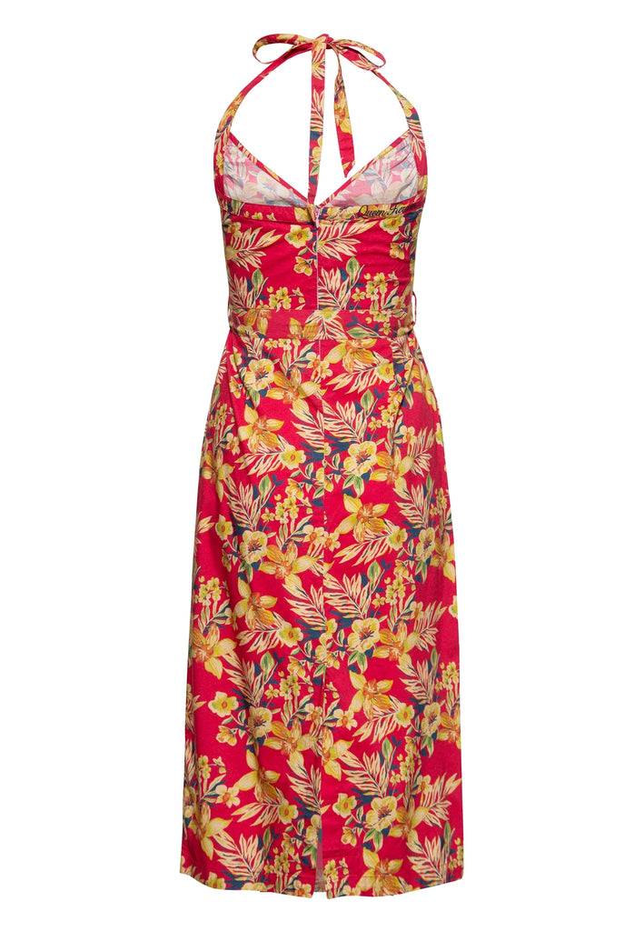Queen Kerosin Neckholder Pencil Kleid «Hawaii Red» Letzter Tag