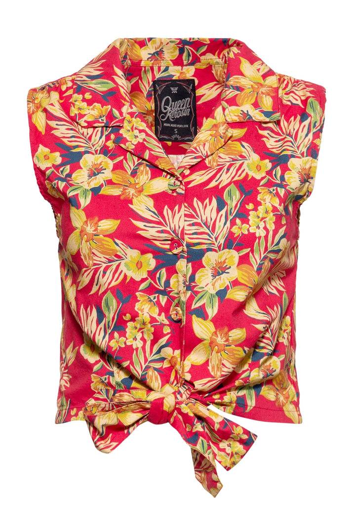 Queen Kerosin Ärmellose Bluse zum Binden «Hawaii Red» Nur für heute