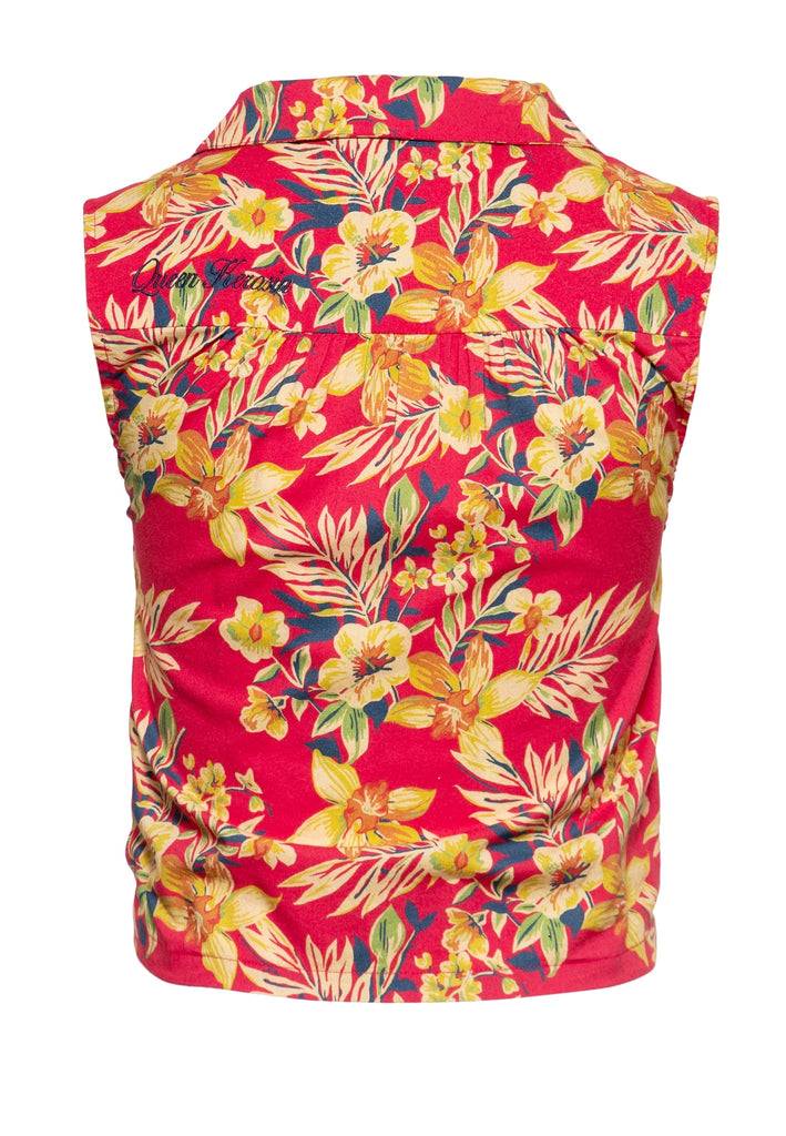 Queen Kerosin Ärmellose Bluse zum Binden «Hawaii Red» Nur für heute