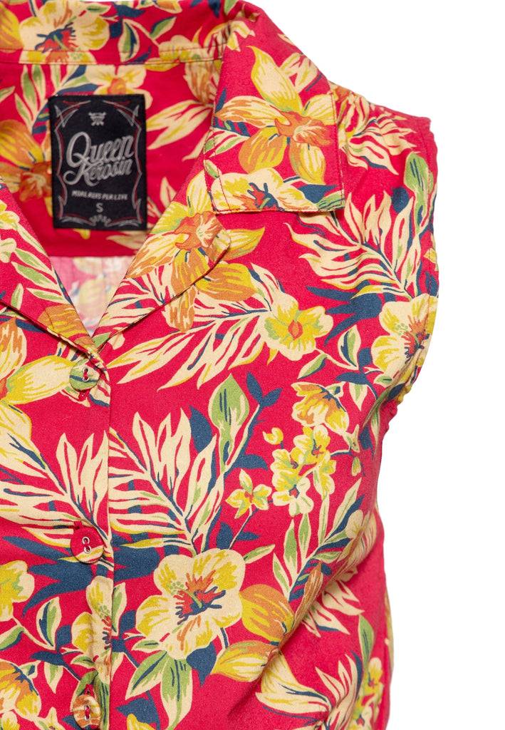 Queen Kerosin Ärmellose Bluse zum Binden «Hawaii Red» Nur für heute
