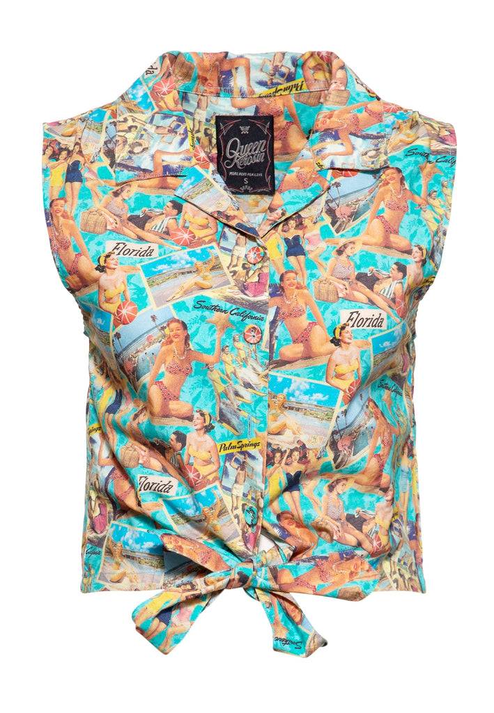 Queen Kerosin Ärmellose Bluse zum Binden «50's Vacation»