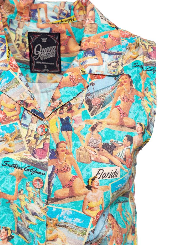 Queen Kerosin Ärmellose Bluse zum Binden «50's Vacation» Sonderangebot der Fabrik