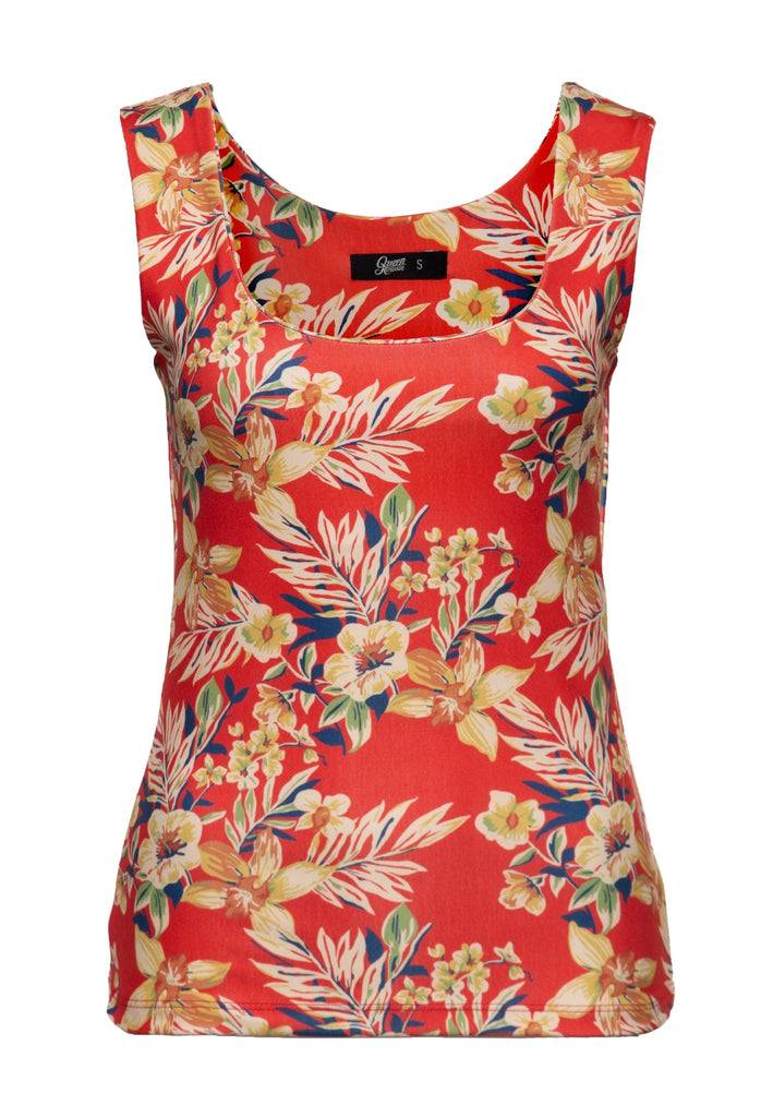Queen Kerosin Trägertop mit tropischem All-Over-Print «Hawaii Red» Fabrikladen