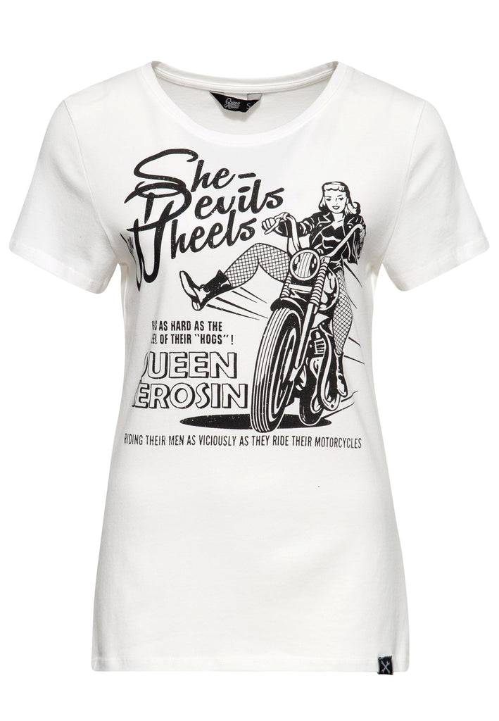 Queen Kerosin Print T-Shirt «She devils on wheels» Verkauf
