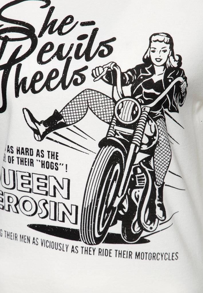 Queen Kerosin Print T-Shirt «She devils on wheels» Verkauf