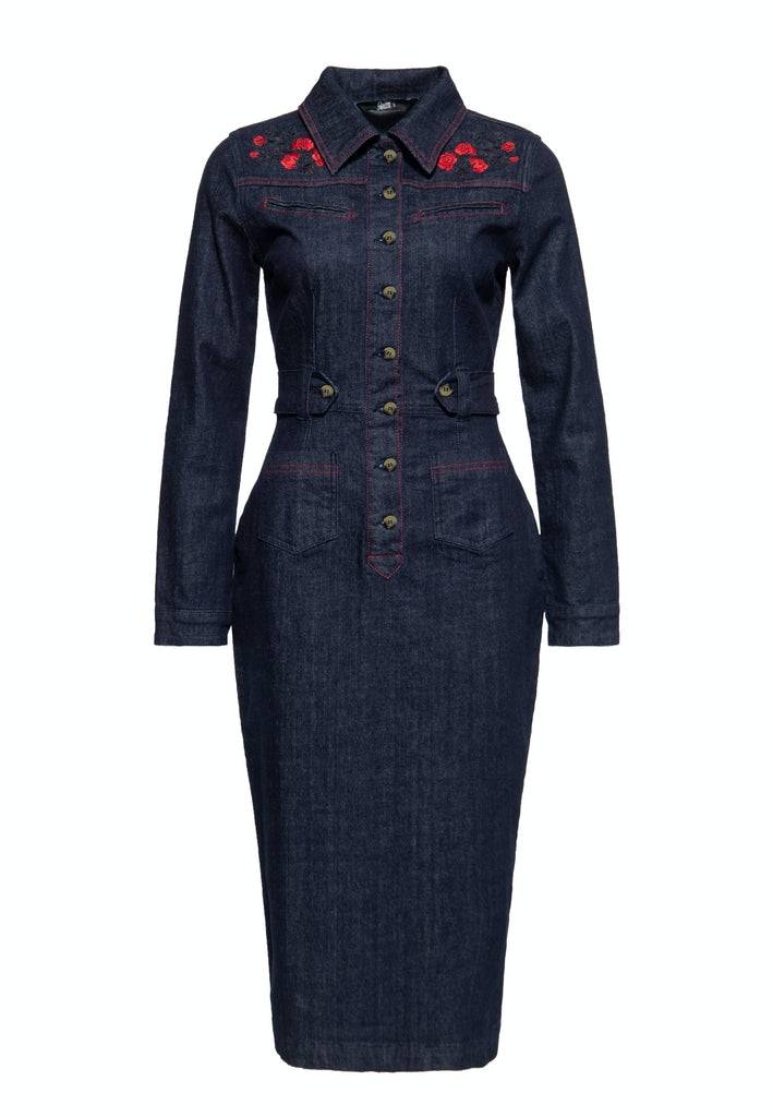 Queen Kerosin Western Pencil Kleid «Roses» Muttertagsangebot
