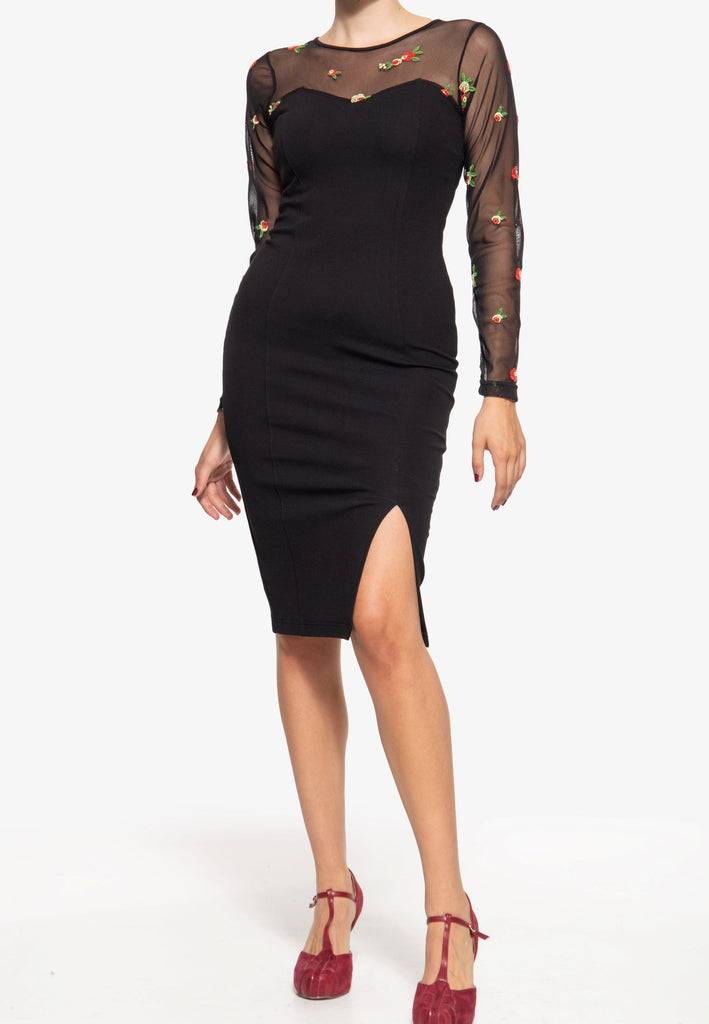Queen Kerosin Mesh Bleistiftkleid mit Rosen-Stickerei Jubiläumsangebot