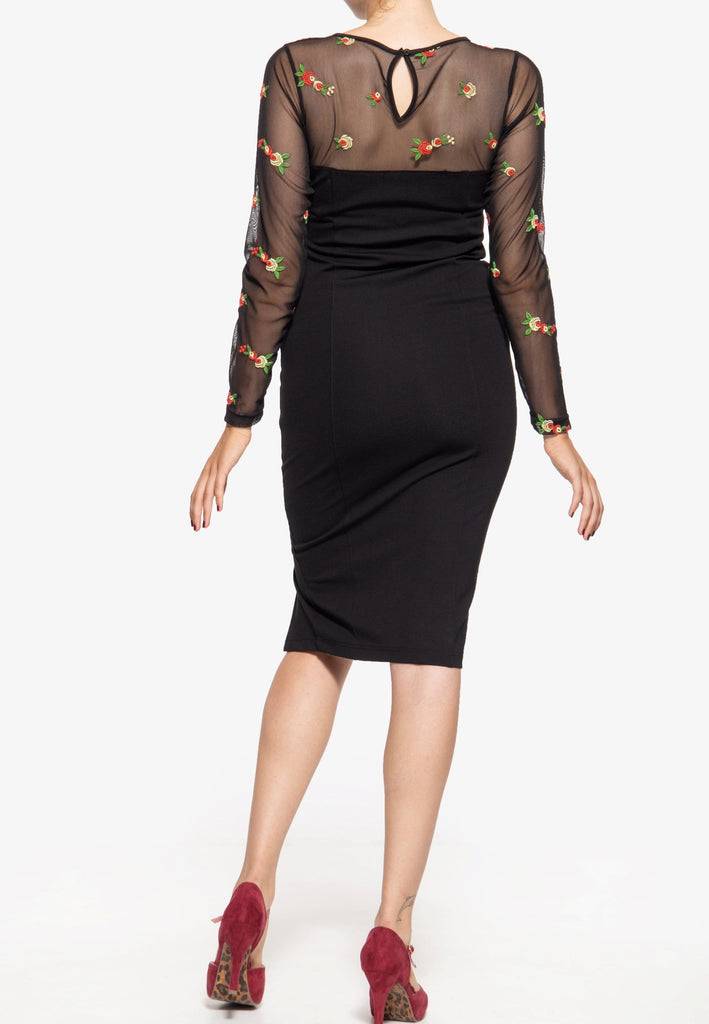 Queen Kerosin Mesh Bleistiftkleid mit Rosen-Stickerei Jubiläumsangebot