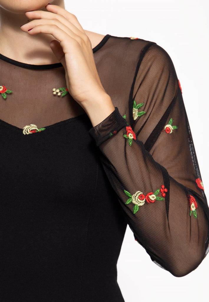 Queen Kerosin Mesh Bleistiftkleid mit Rosen-Stickerei Jubiläumsangebot