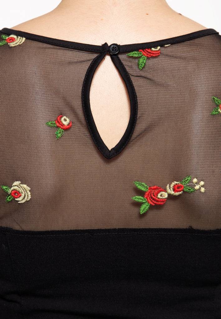 Queen Kerosin Mesh Bleistiftkleid mit Rosen-Stickerei Jubiläumsangebot