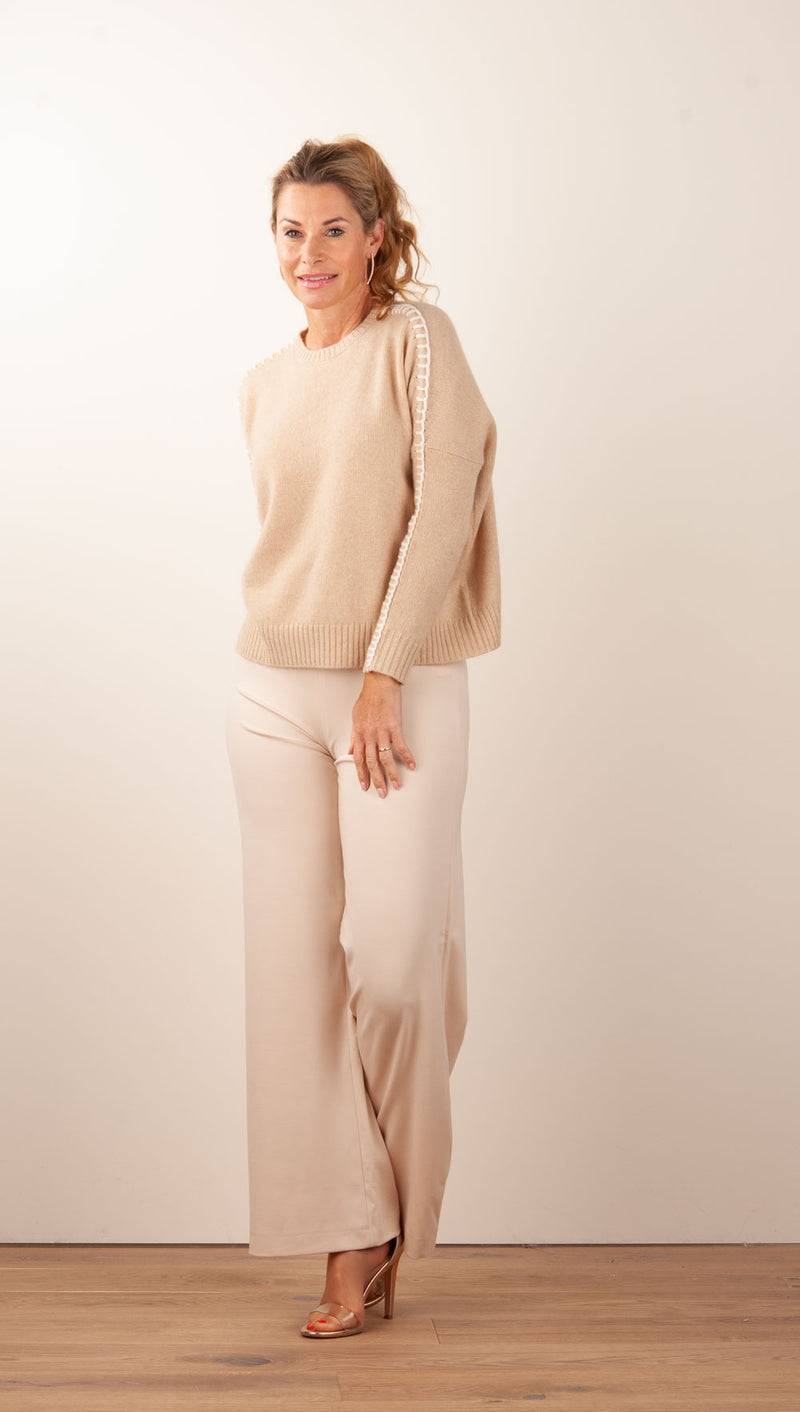 Kujten Kaschmir Pullover „Stitching“ Beige Günstiger Verkauf