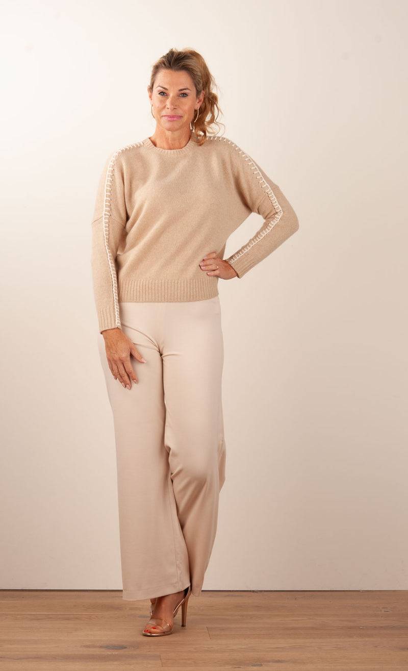 Kujten Kaschmir Pullover „Stitching“ Beige Günstiger Verkauf
