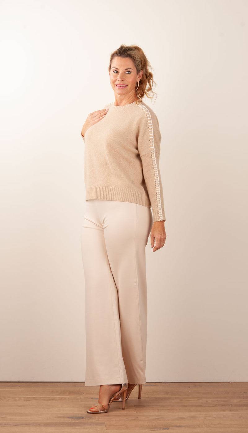 Kujten Kaschmir Pullover „Stitching“ Beige Günstiger Verkauf