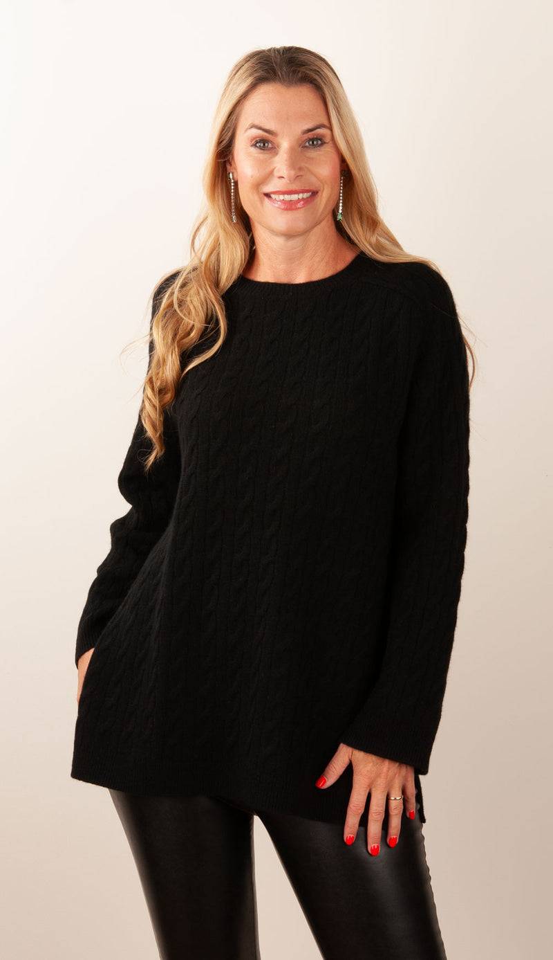 fleur Kaschmir Pullover „Zopfstrick“ Schwarz im Angebot