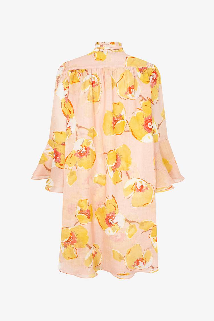 Sly 010 Knielanges Kleid aus Ramie mit Blumen-Print Räumungsverkauf