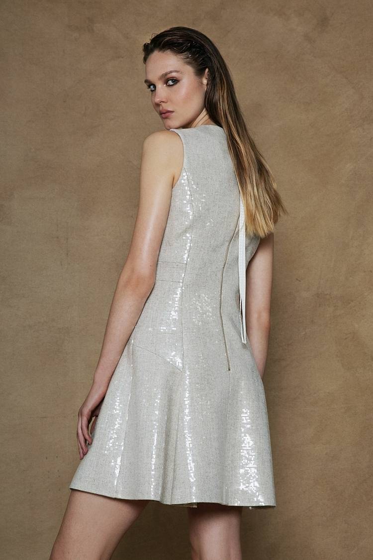 Sly 010 Ärmelloses Pailettenkleid aus Viskose-Leinen-Mix zollfrei
